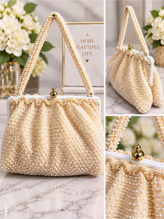 Vintage Handbags - Vintage Ivory Pearl Beaded Handbag Purse Gold Clasp Evening Purse